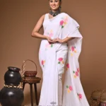 White diamond mull Cotton embroidery Saree