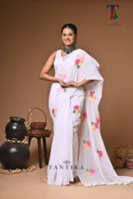 White diamond mull Cotton embroidery Saree