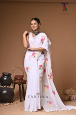 White diamond mull Cotton embroidery Saree - Image 2