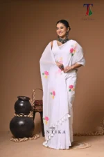 White diamond mull Cotton embroidery Saree - Image 4