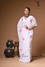 White diamond mull Cotton embroidery Saree - Image 3