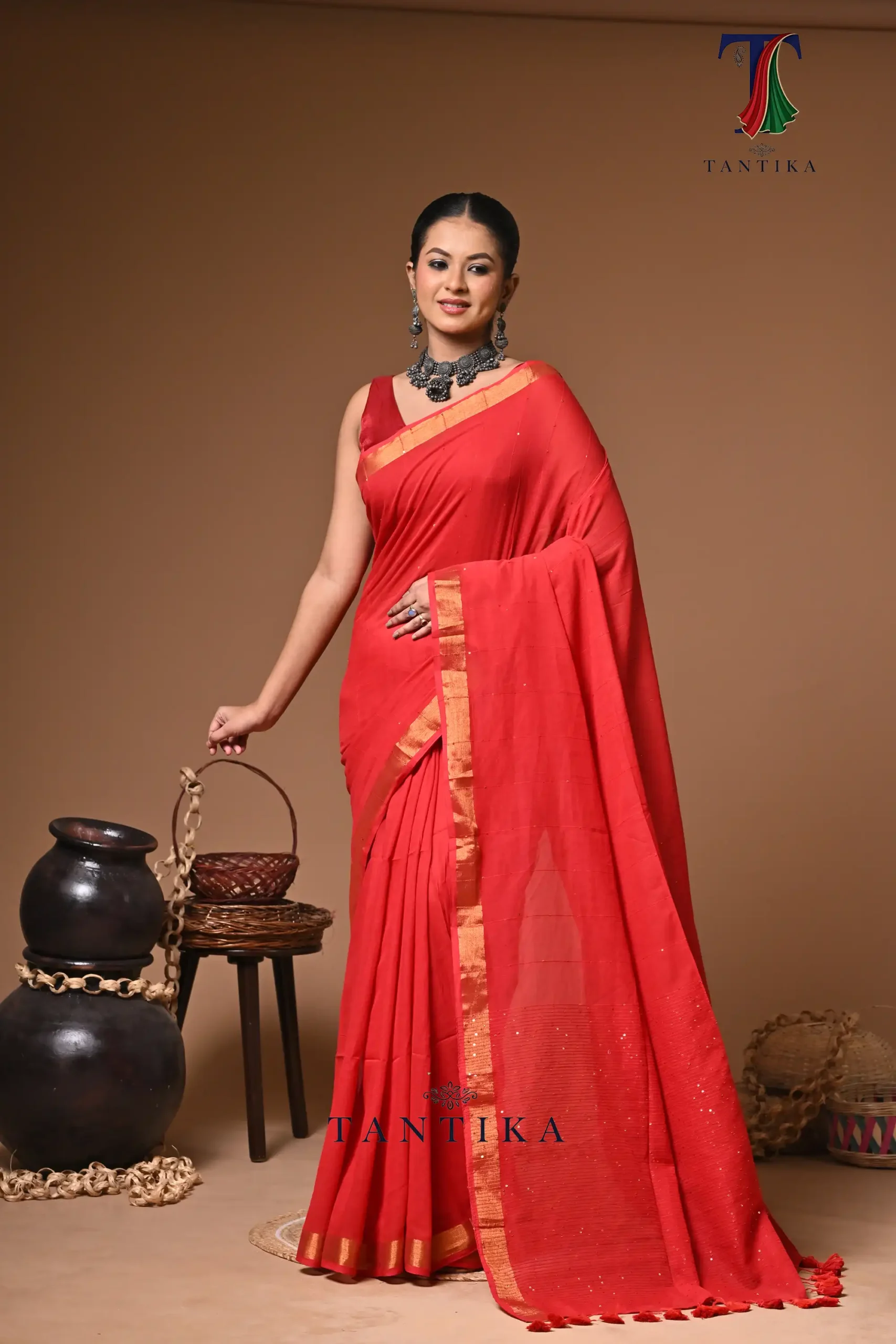 LPS_1230 Red mull Cotton sequence handloom Saree - Image 1