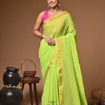 Yellowsgreen sequence mull Cotton handloom Saree