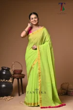 Yellowsgreen sequence mull Cotton handloom Saree - Image 2