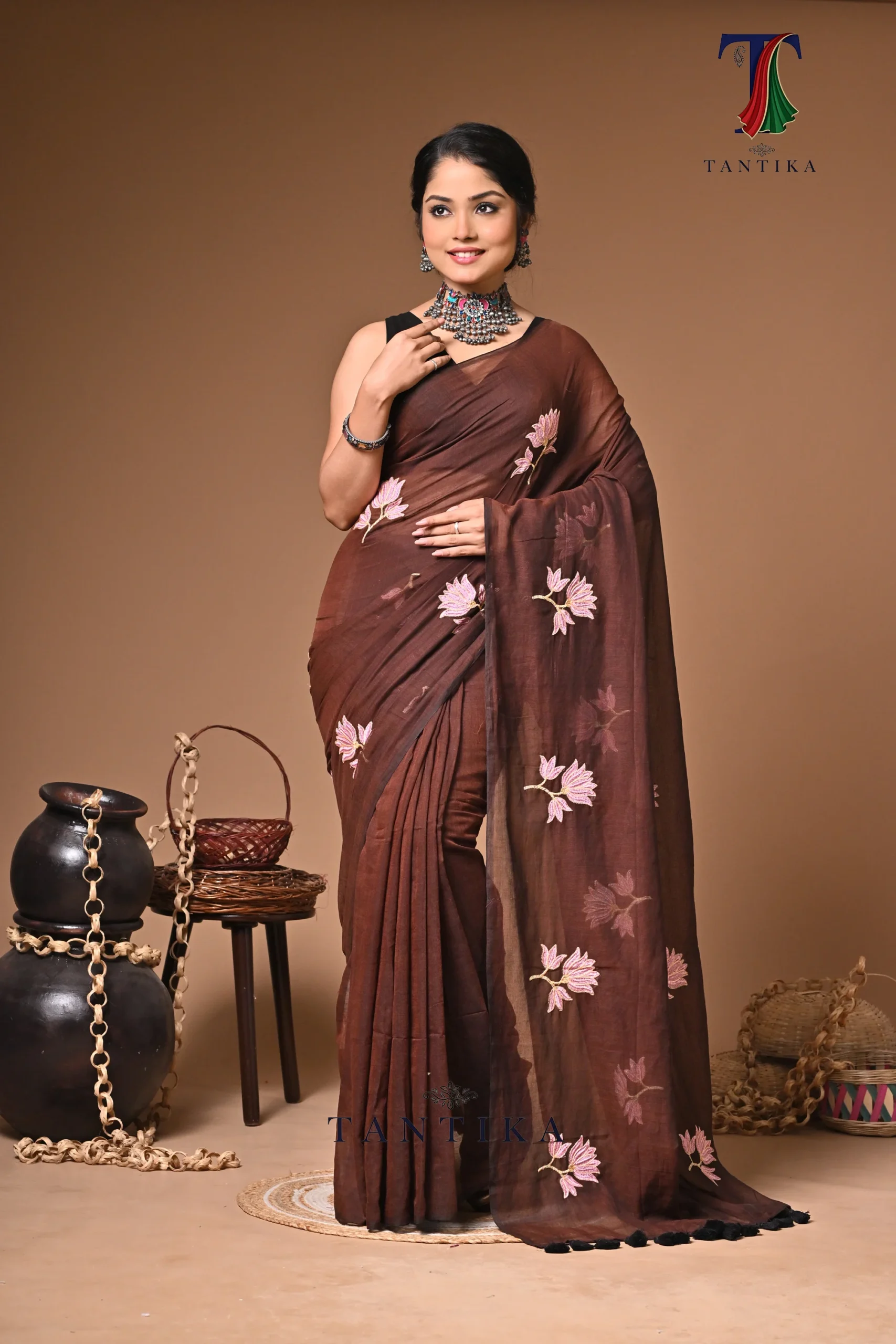 saree 1 Brown diamond mull Cotton embroidery Saree - Image 1