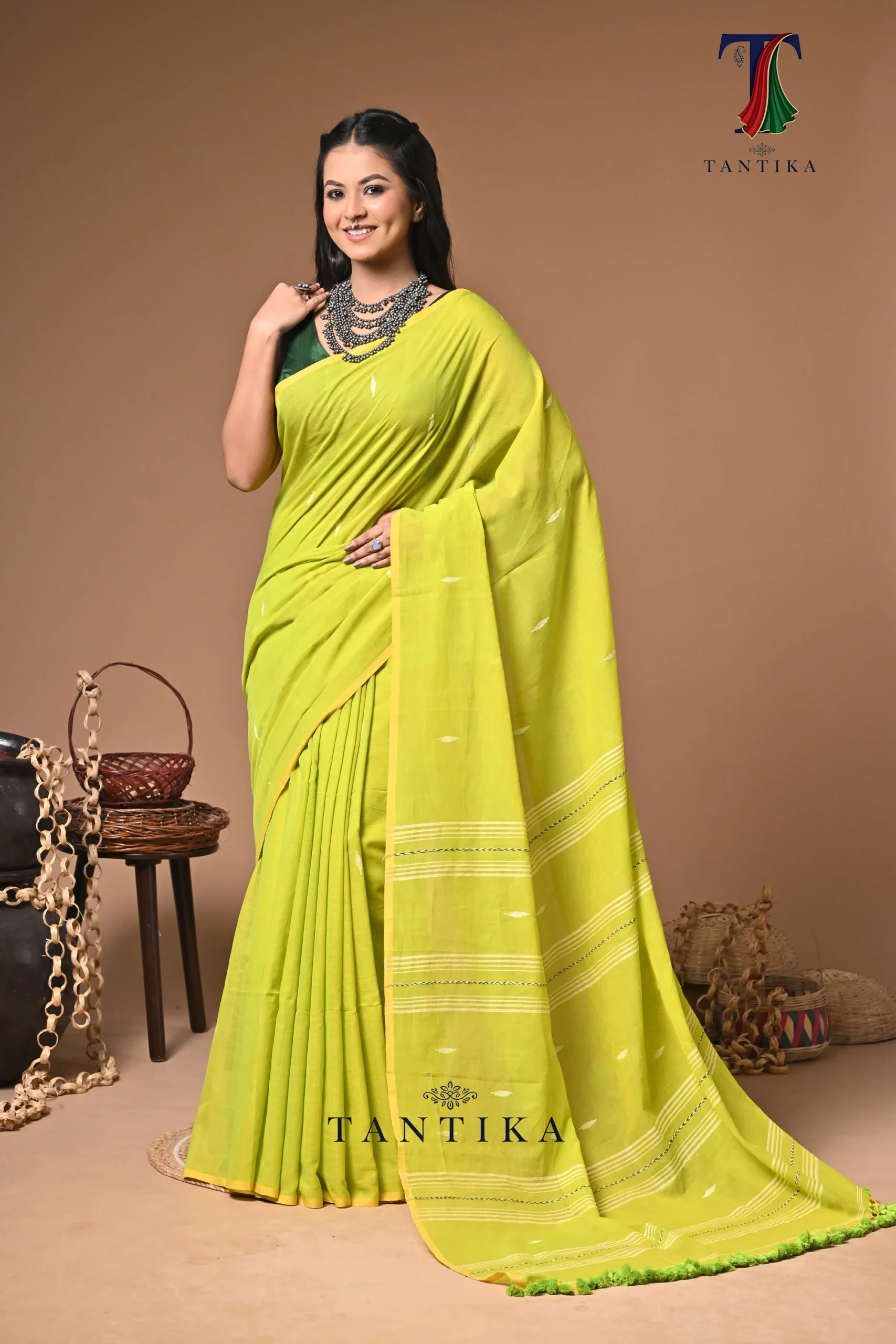 saree 1 maharani yellows green mull cotton handloom Saree - Image 1