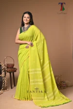 maharani yellows green mull cotton handloom Saree - Image 3