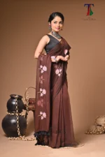 Brown diamond mull Cotton embroidery Saree - Image 3
