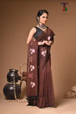Brown diamond mull Cotton embroidery Saree - Image 4