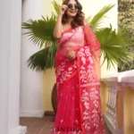 Pure Masline Rose Jamdani saree