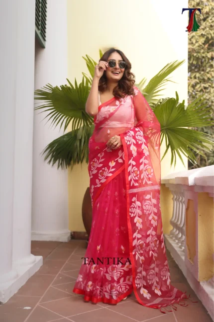Pure Masline Rose Jamdani saree