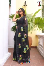 Pure Mull Cotton Butterfly Hand Printed Saree - Image 2