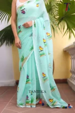 Pure Mull Cotton Butterfly Hand Printed Saree - Image 3