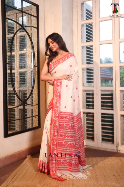 White & Red Authentic Baluchuri Cotton Saree alternate view
