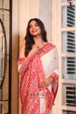 White & Red Authentic Baluchuri  Cotton Saree - Image 3