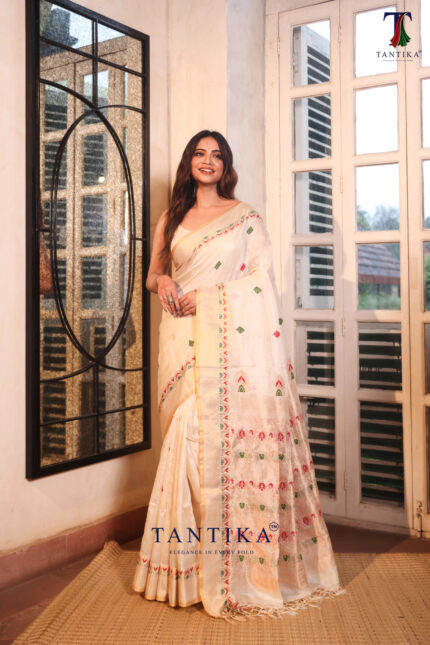 Cream Authentic Tassar Banarasi Saree