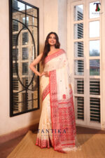White & Red Authentic Tassar Jamdani Saree