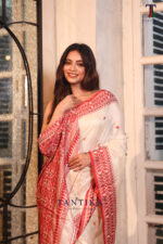 White & Red Authentic Tassar Jamdani Saree - Image 3