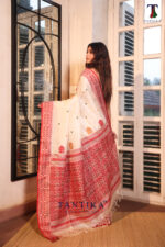 White & Red Authentic Tassar Jamdani Saree - Image 4