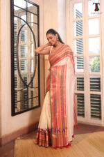 Cream Pure Mall Cotton Saree - Image 2
