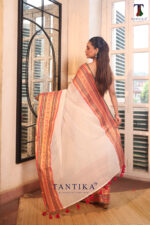 Cream Pure Mall Cotton Saree - Image 4