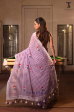 Lavender Purple Pure Mull Cotton Less Border Hand Painted Saree - Image 4