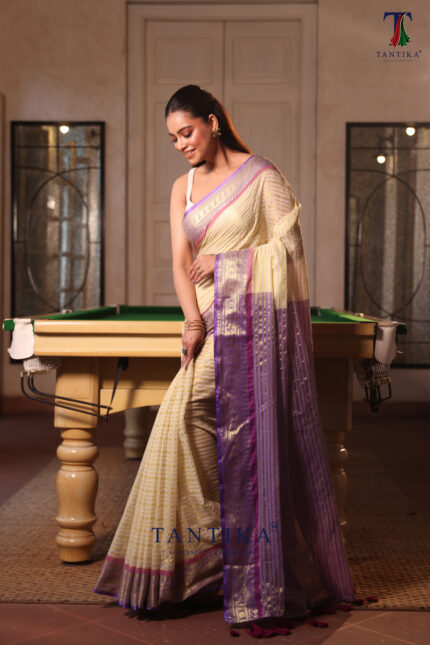 Beige & Gold Pure Mull Cotton Saree alternate view