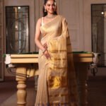 Beige & Gold Pure Mull Tissue Saree