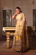 Beige & Gold Pure Mull Tissue Saree - Image 3