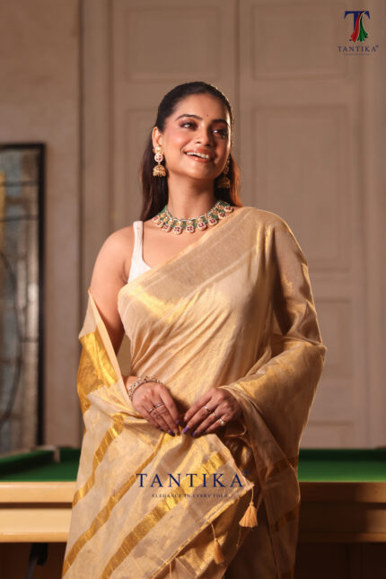 Beige & Gold Pure Mull Tissue Saree alternate view