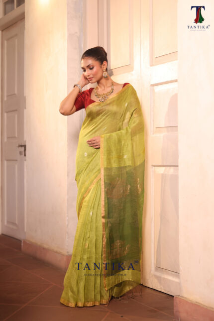 Olive Green Pure Jayashree Linen Silk Saree