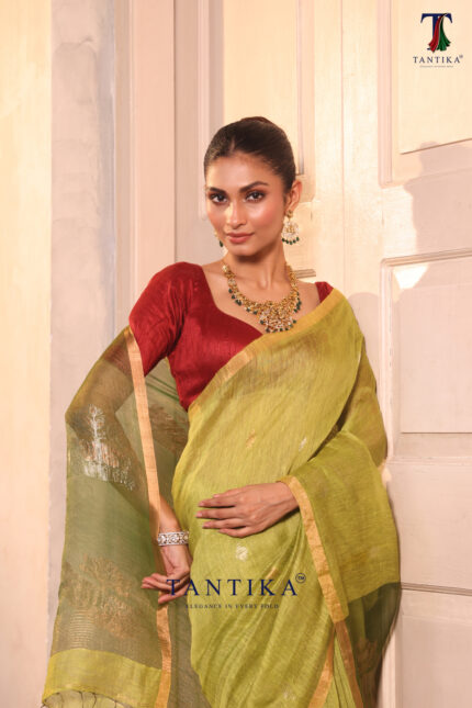 Olive Green Pure Jayashree Linen Silk Saree alternate view