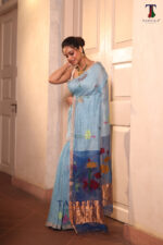Sky Blue Pure Jayashree Linen Silk Saree - Image 4