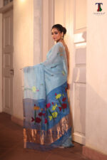 Sky Blue Pure Jayashree Linen Silk Saree - Image 3