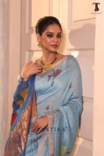 Sky Blue Pure Jayashree Linen Silk Saree - Image 2