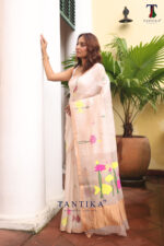 Cream Pure Jayashree Linen Silk Saree - Image 3