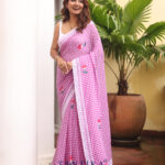 Purple Pure Mull Cotton Less Border Hand Painted Saree