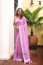 Purple Pure Mull Cotton Less Border Hand Painted Saree