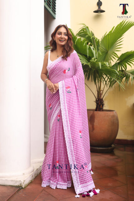 Purple Pure Mull Cotton Less Border Hand Painted Saree
