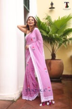 Purple Pure Mull Cotton Less Border Hand Painted Saree - Image 3