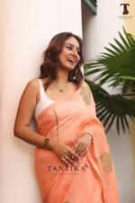 Peach Orange Pure Jayashree Linen Silk Saree - Image 2