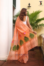 Peach Orange Pure Jayashree Linen Silk Saree - Image 4