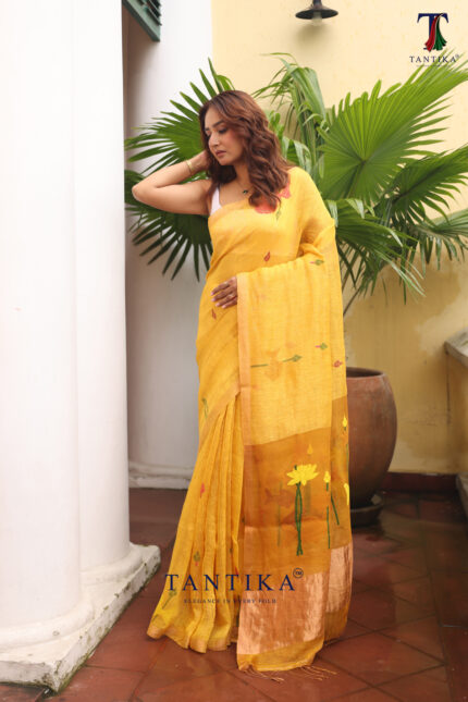 Yellow Pure Jayashree Linen Silk Saree