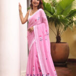 Pink Pure Mull Cotton Less Border Hand Painted Saree