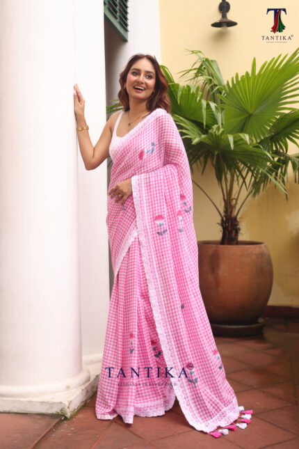 Pink Pure Mull Cotton Less Border Hand Painted Saree