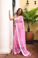 Pink Pure Mull Cotton Less Border Hand Painted Saree - Image 3