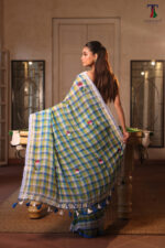 Blue & Green Multicolor Mull Cotton Less Border Hand Painted Saree - Image 4