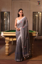 Black Pure Mull Cotton Less Border Hand Painted Saree