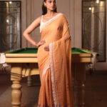 Orange Pure Mull Cotton Less Border Hand Painted Saree
