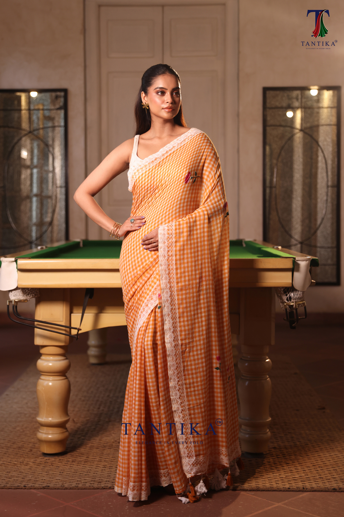 ss (757) Orange Pure Mull Cotton Less Border Hand Painted Saree - Image 1